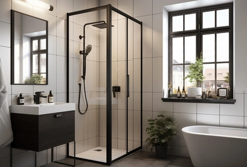 Modernisiertes Badezimmer mit ebenerdiger Dusche und Natursteinfliesen